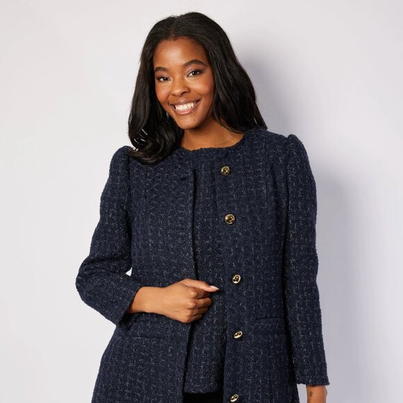 Current Season! Brand New Sail to Sable Navy Metallic Tweed Button Front Coat, M - Picture 2 of 7